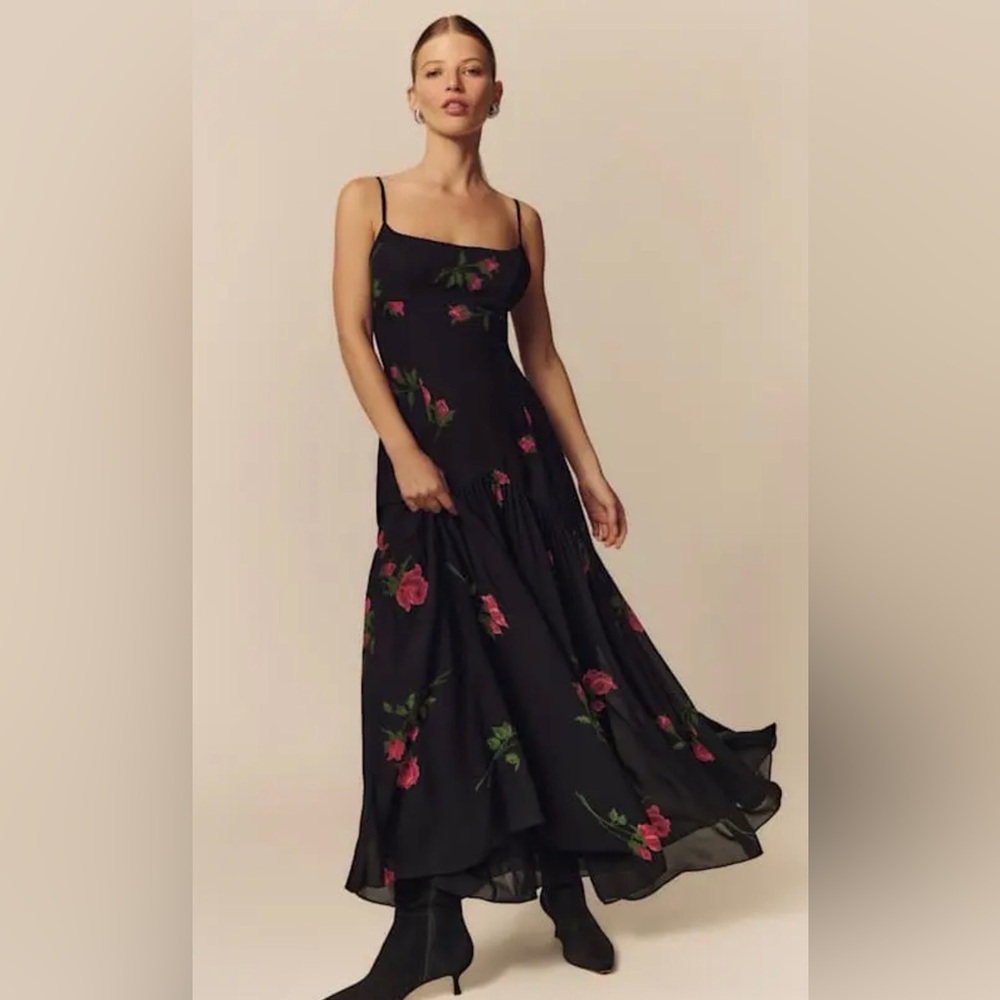Reformation Catana Black floral Maxi Dress size 2